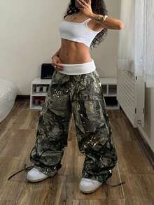 SHEIN ICON Plus Size Women's Fashion Camouflage Contrast Waistband Denim Jeans - Multicolor - View 4