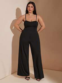 SHEIN BAE CURVE 加大码黑色吊带连体裤 - 黑色 - 查看 6