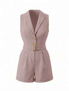 EMERY ROSE Sleeveless Blazer Collar Metal Buckle Cinched Waist Cuffed Shorts Jumpsuit - Dusty Purple - View 2