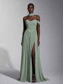 Elitara Elegant Strapless Mesh Gown,Fishbone Decor Front Slit Ruffle Trim Flared A-Line Silhouette With Train,Formal Party Bridesmaid Evening Dress In Blue - Green - View 7