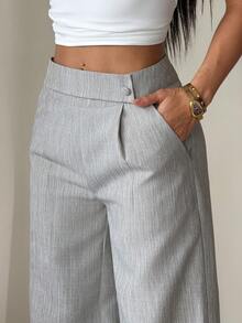 SHEIN PETITE CURVE 大码女式竹纤维面料腰部前扣设计优雅教师制服休闲裤 - 灰色 - 查看 5