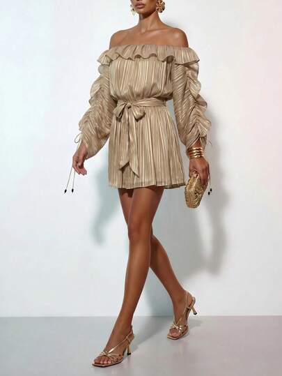 Zivah 2026 New Casual Beach Vacation Elegant Bohemian Beach Vacation Semi-Transparent Metallic Striped Chiffon Puff Sleeve Short Dress, Elegant Short Dress, Chiffon Short Dress, Apricot Short Dress, Apricot Long Top, Bohemian Dress, Elegant Short Vacation Dress