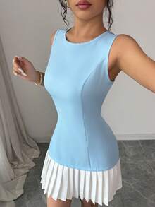 SHEIN Elenzya Women's Elegant Commuter French Style Sleeveless Round Neck Waist Gathered A-Line Hem Pleated Mini Dress, Spring/Summer - Blue and White - View 7