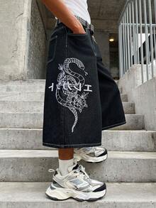 GALLERY FADE Men's Street Style Japanese Snake Print Black Denim Capri Pants - Black - View 7