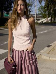 Nöista Mao Neck Sleeveless Top In Pink Color, Part Of A Set, Chinese Buttons Detail On Neck. Festival, Outfit Casual, Graduation. - Pink - View 9
