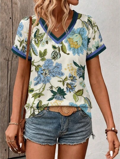 SHEIN Vintage Floral Print V Neck Short Sleeve Contrast Trim Casual Slim Fit Women Summer Tee Tops
