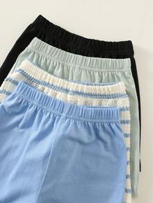 SHEIN 4件/套 中性嬰兒男孩/女孩基本休閒短袖T恤與短褲套裝，嬰兒男孩套裝，嬰兒男孩夏季服裝，街頭風 - 淺藍色 - 查看 7