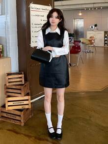DAZY 女款 PU 圓領無袖短洋裝，韓風秋季校園早午餐黑色法式學院風 - 黑色 - 查看 6