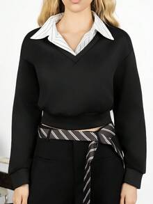 PRISCILA ESCOTO PRISCILA ESCOTO 秋季新款美式復古休閒條紋寬鬆套頭 2合1 POLO領長袖運動衫 黑色 - 黑色 - 查看 3