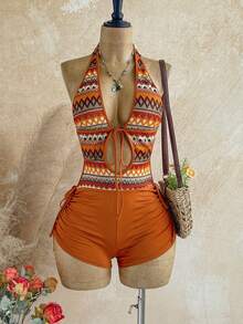 Soleia Neue Urlaubs-Strickjumpsuit mit strukturierter Ausschnitt-Zugkordel, bohemian, boho, romantisch floral, geeignet für Party, Date, Valentinstag, Ostern, Karneval, Nachmittagstee, Strand, Kreuzfahrt, Stadturlaub - Orange - Übersicht 6
