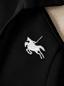 青少年女孩休閒運動通勤優雅純色V領 Polo 領馬術刺繡無袖 A 字洋裝，黑色 - 黑色 - 查看 4
