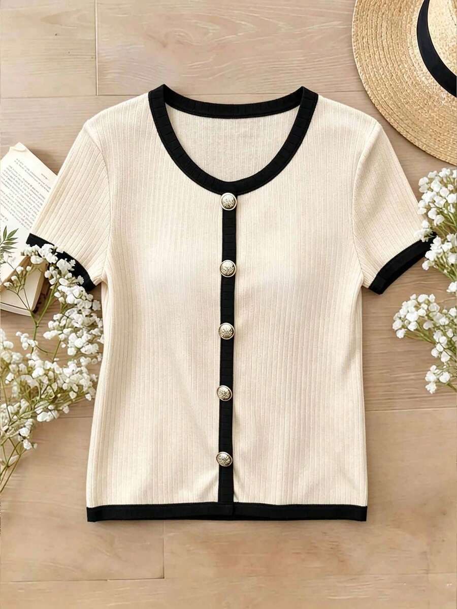 Rusticease Women's Casual Contrast Trim Short Sleeve T-Shirt, Summer - Apricot - View 1