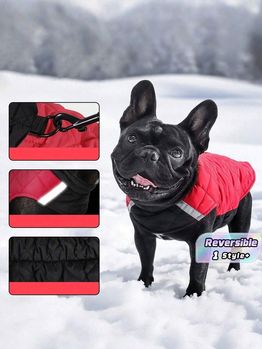 畅销狗狗服装,秋冬季双面宠物服饰,反光格子狗狗背心,宠物狗服装 - 酒紅色 - 查看 1