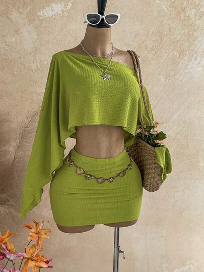Soleia Gold Sequin Sheer Asymmetric Shoulder Loose Top + Ruched Waist Floral Skirt Set, Suitable For Vacation, Music Festival, Bohemian Style
