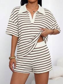 PETITE Conjunto de 2 piezas para mujer con camiseta de manga larga de hombros caídos y cuello en V a rayas holgada y pantalones a rayas con cintura elástica, conjunto de suéter de invierno, conjunto de salón a rayas de otoño/invierno de 2 piezas para mujer, conjunto casual de 2 piezas a rayas, conjunto cómodo de 2 piezas - Albaricoque - Ver 6