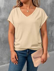 EMERY ROSE Apricot Solid V-Neck Short Sleeve Plus Size T-Shirt, Batwing Sleeve Design - Multicolor - View 1