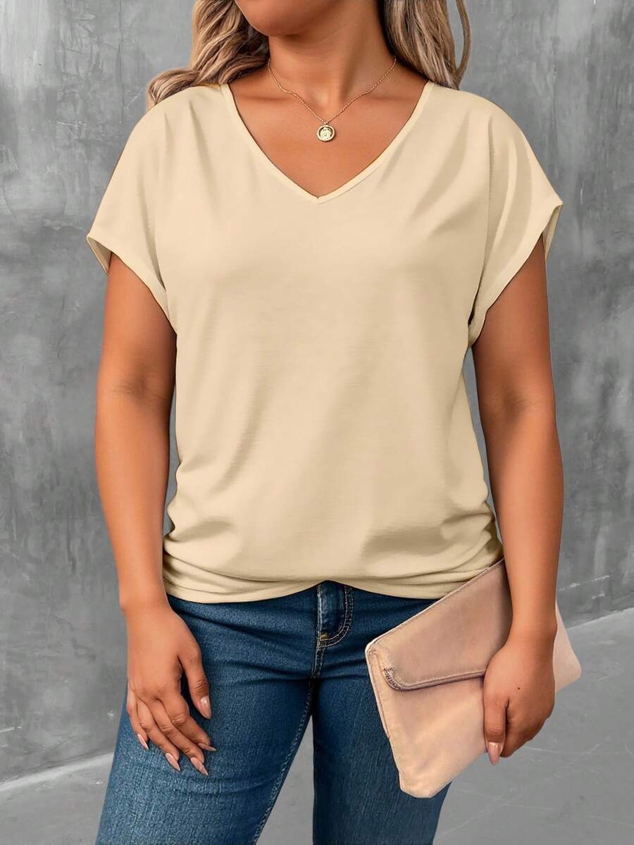 EMERY ROSE Apricot Solid V-Neck Short Sleeve Plus Size T-Shirt, Batwing Sleeve Design - Multicolor - View 1