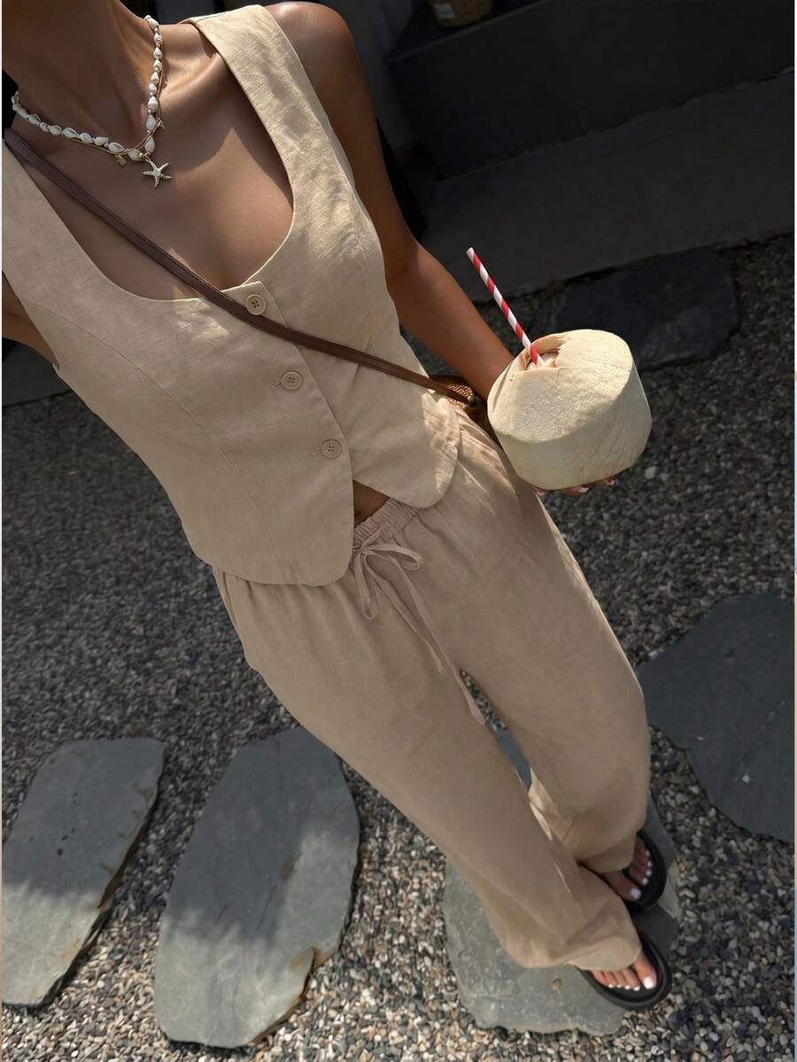SHEIN EZwear 女士休闲度假通勤纯色圆领纽扣前襟背心和抽绳腰长裤套装 - 卡其色 - 查看 1