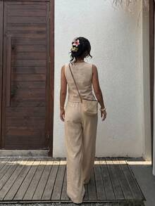 SHEIN EZwear 女士休闲度假通勤纯色圆领纽扣前襟背心和抽绳腰长裤套装 - 卡其色 - 查看 2