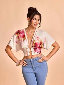Glamance myriadwaveart Áo ngắn tay ôm body co giãn, cổ chữ V sâu, tay cánh dơi, họa tiết hoa, nút kim loại, phong cách thanh lịch trưởng thành, casual sexy, phù hợp đi chơi, đi làm, công sở, mặc hằng ngày, tiệc tùng, khách mời đám cưới, phù dâu, sinh nhật, du lịch, đi Trung Đông, đi biển, cocktail, mùa hè - Màu Hồng baby - Xem 3