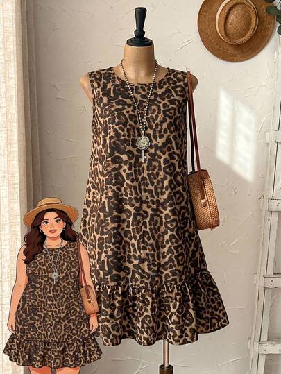Rusticease Vestido casual de mujer de talla grande con estampado de leopardo