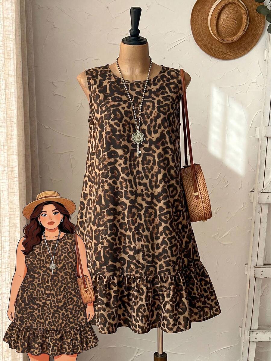 Rusticease Plus Size Women Casual Leopard Print Dress Vacation Chocolate Brown Summer - Multicolor - View 1