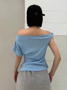 DAZY Solid Color Asymmetrical Shoulder Casual Sexy Summer T-Shirt For Women Vacation Golf Pastal School - Blue - View 6