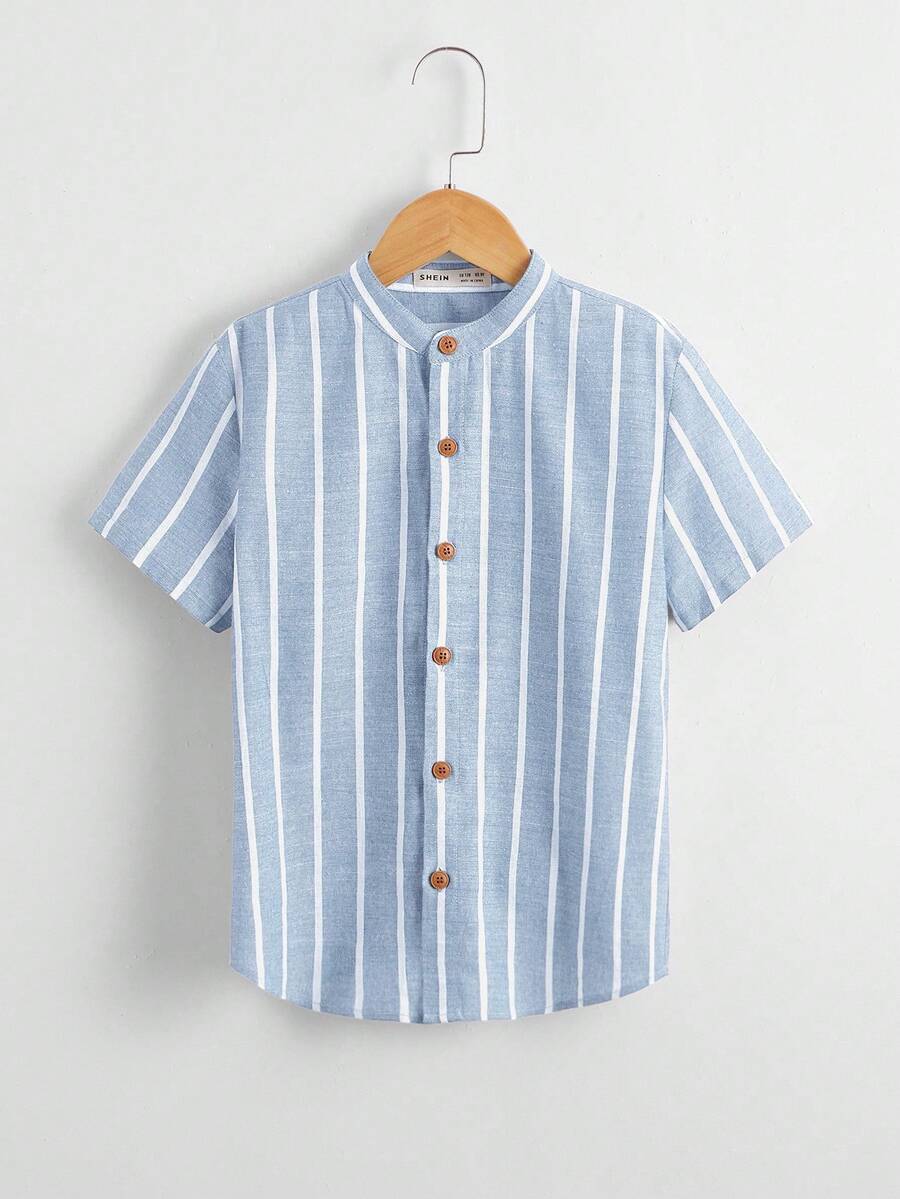 SHEIN Boys' Casual Striped Button-Down Shirt - Baby Blue - View 1