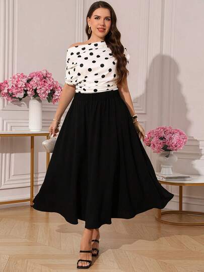 Miaspire Conjunto informal de top con hombro asimétrico y volantes y falda a lunares para mujer de talla grande