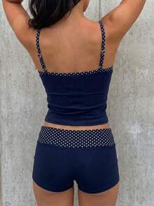 SHEIN EZwear Summer Contrast Polka Dot Print Trim Camisole And Shorts Set,Summer Outfits For Women - Navy Blue - View 2