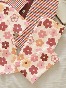 Conjunto de ropa de casa para bebé niña con estampado floral en beige, con volantes y contraste de color, para verano y vacaciones, ropa casual y cómoda de primavera y verano para uso diario - Multicolor - Ver 5