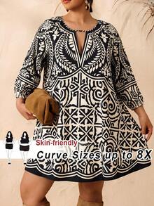 SHEIN CURVE+ 大码女式夏季休闲印花短裙 - 黑色 - 查看 1