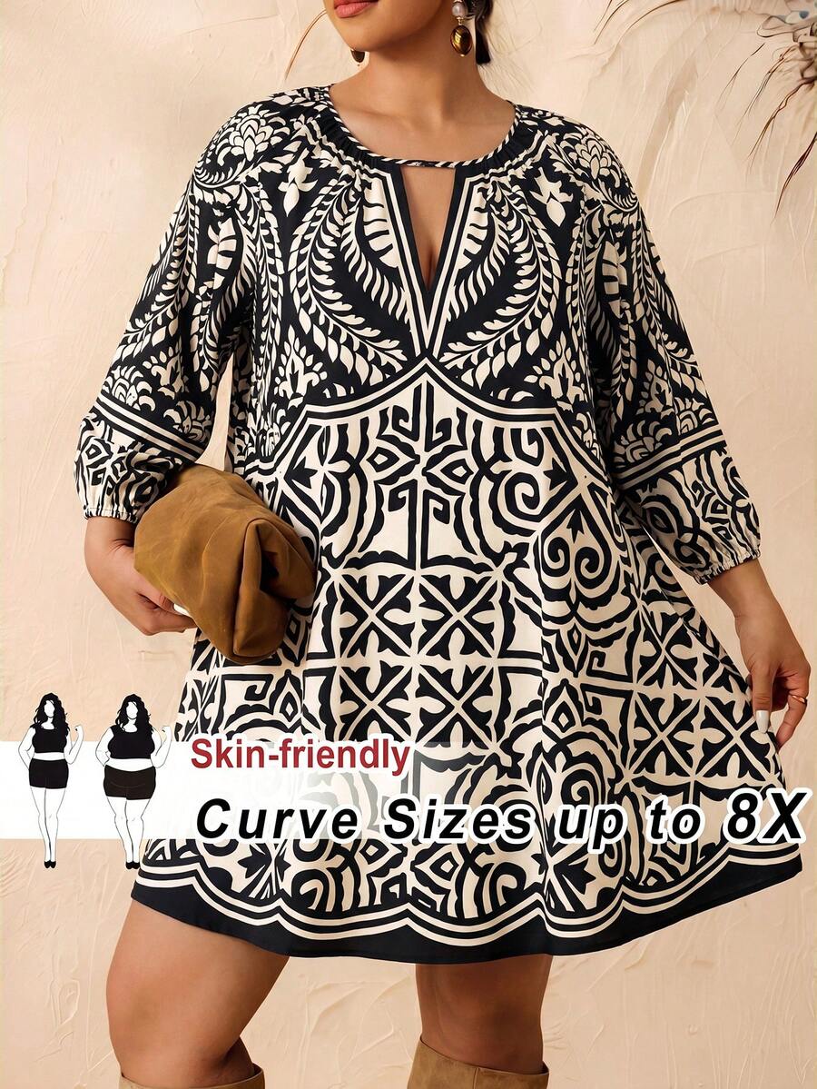 SHEIN CURVE+ 大码女式夏季休闲印花短裙 - 黑色 - 查看 1