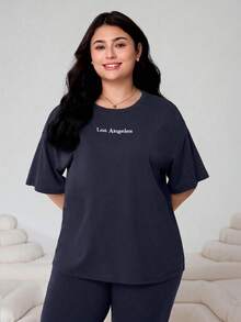 Solflare 2pcs/Set Plus Size Women's Casual Letter Print Round Neck Short Sleeve T-Shirt And Loose Pants, Spring/Summer - Navy Blue - View 6