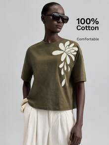 Ontre Áo thun nữ nhẹ nhàng phong cách casual mới Xuân/Hè 2026, phong cách kỳ nghỉ thanh lịch, dáng rộng thoải mái đa năng thêu tay tay ngắn cổ tròn thời trang đơn giản, phù hợp cho Ngày lễ, đi biển, kỳ nghỉ, trang phục lễ hội nhạc đồng quê - màu nâu - Xem 4