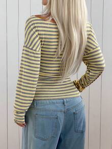 SHEIN EZwear Áo thun ôm sát người màu vàng sọc, hở vai. - Màu vàng ngỗng - Xem 2