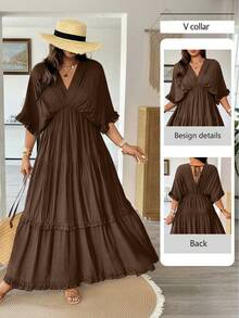 Vionelle Plus Size French Style Solid Color Romantic Boho Ruffle Trim Regular Dress, Spring/Summer Beach Brown - Brown - View 1