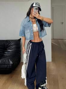 Coolane 女士休闲水洗做旧短款牛仔上衣 - 藍色 - 查看 4