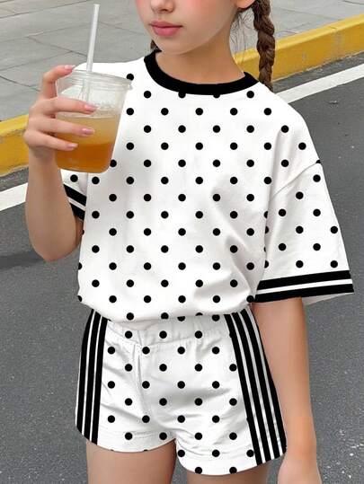 Tween Girls' Casual Minimalist Short Sleeve Shorts 2 Pieces Set, Suitable For Summer