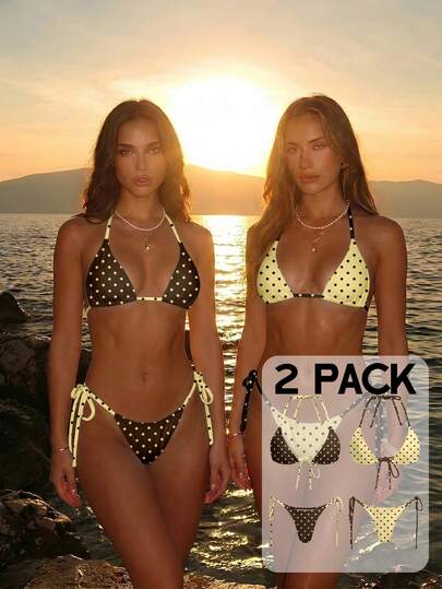 Aloruh Women's Swimsuit, Sexy Elegant Romantic Vintage Tropical Rainforest Contrast Polka Dot Print Pattern Mini Triangle Cup Halter Tie Top + Mini Tie Side Bikini Bottom Two-Piece Swimwear Set, Spring/Summer Holiday