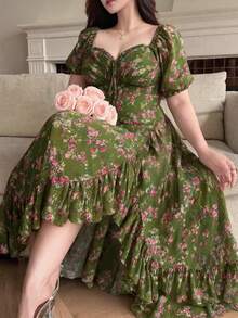 Vibekara Vestido largo de gasa con mangas abullonadas estilo princesa dulce para vacaciones románticas - Verde - Ver 9