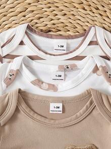 SHEIN Playful Pals 6件/3套新生儿短袖连体衣裤套装，柔软针织面料，可爱小熊图案 - 彩色 - 查看 4