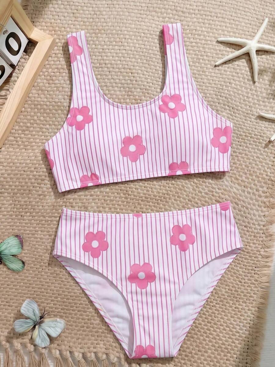 SHEIN Set Baju Renang Kasual Motif Bunga dan Garis untuk Liburan Pantai bagi Anak Perempuan Remaja. - Berwarna merah muda - View 1