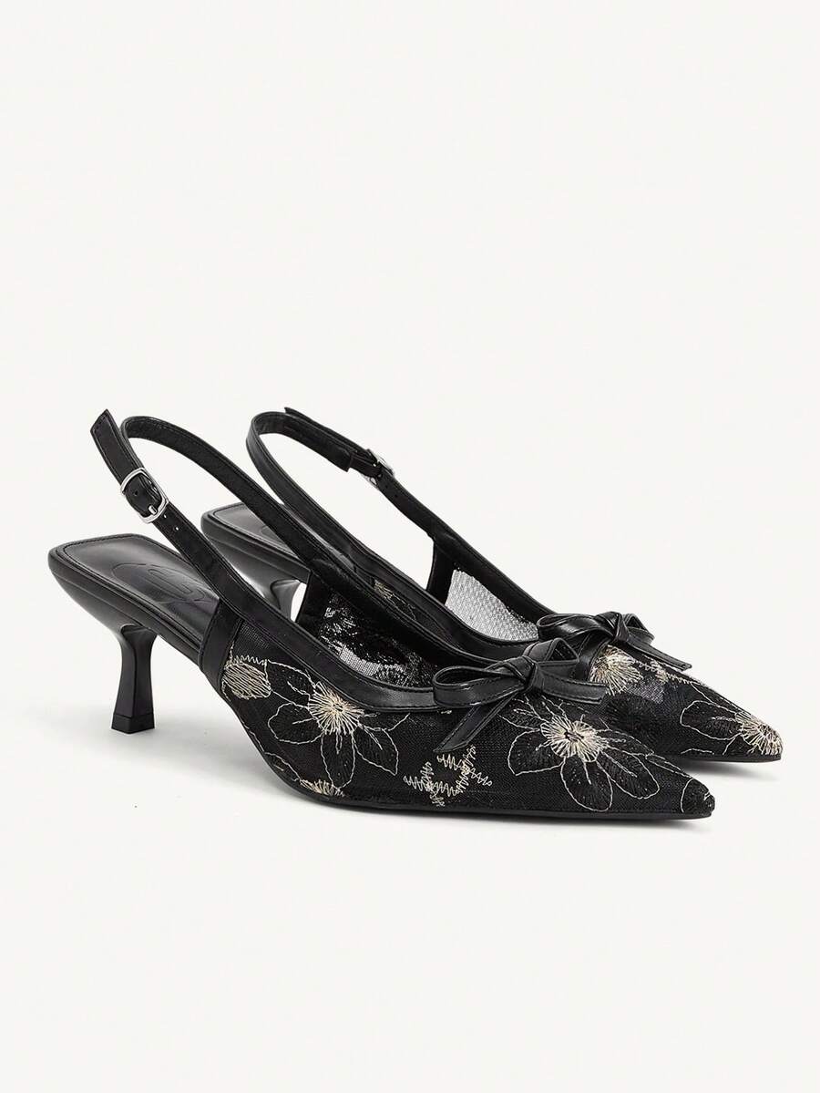 CUCCOO CHICEST Damen-Schuhe Frühling und Sommer Stickerei Blumen Schleife Dekorativ Rückseite Dreifach Spitze, Sanfter Wind Mesh, Hellrosa Damen High-Heel-Sandalen Dating Pendeln Einkaufen Nachmittagstee Festliche Geschenke - Schwarz - Übersicht 1