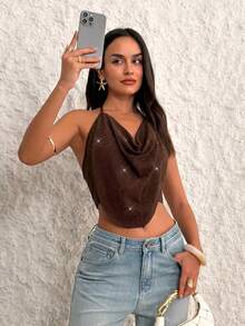 Firerie Top halter con frente drapeado y espalda descubierta para fiesta - Marrón - Ver 9