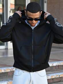Devon Thys Áo hoodie thêu chữ tiếng Anh thời trang dệt kim hàng ngày cho nam, mùa thu, mùa đông, đồ đôi, áo dài tay - màu đen - Xem 4