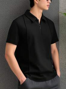 SHEIN 青少年男童黑色简约廓形 Polo 衫，休闲学院风，舒适时尚，百搭柔软面料，适合日常穿着、上学、旅行、返校季、假期、夏季海滩度假、春夏穿着。 - 黑色 - 查看 3