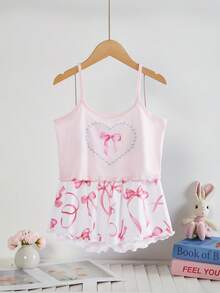 SHEIN Girls Happy Pattern Short Sleeve Shorts Camisole Pajama Set, Suitable For Autumn, Winter, All Seasons - White - View 4