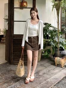 K-Vae Women's Spring/Summer Casual Everyday Commute Solid Color Lettuce Trim Single-Breasted Lightweight Cardigan - White - View 5