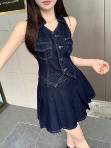 DAZY 女士无袖露脐上衣和百褶裙牛仔套装，春夏款 - 藍色 - 查看 4